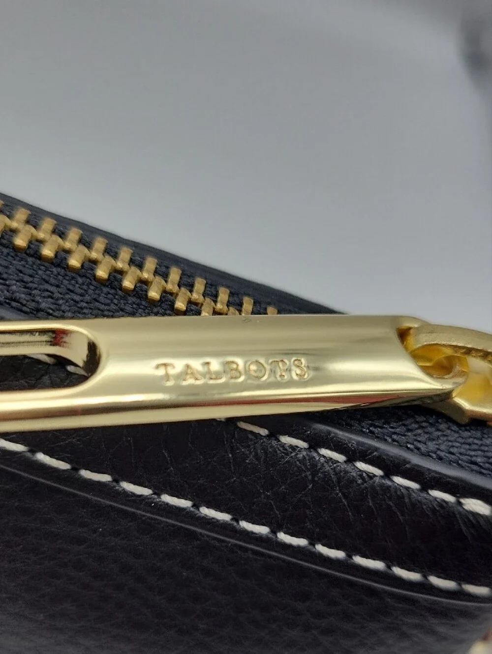Talbots Black Leather Wristlet Clutch with White Stitching and Gold Hardware